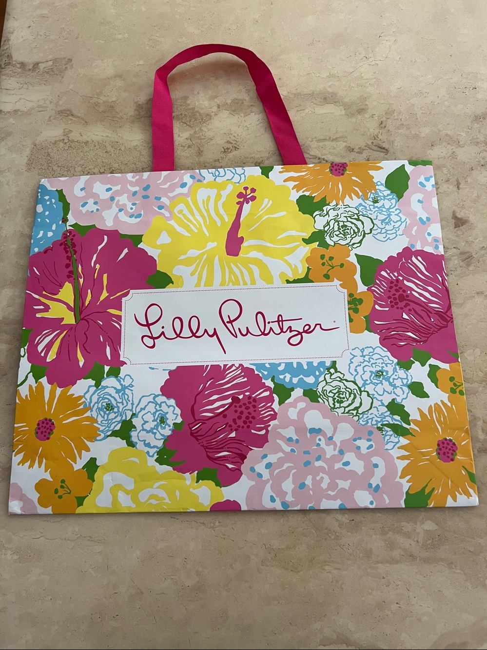 Lilly Pulitzer Bright Floral Paper Tote with Pink Handles